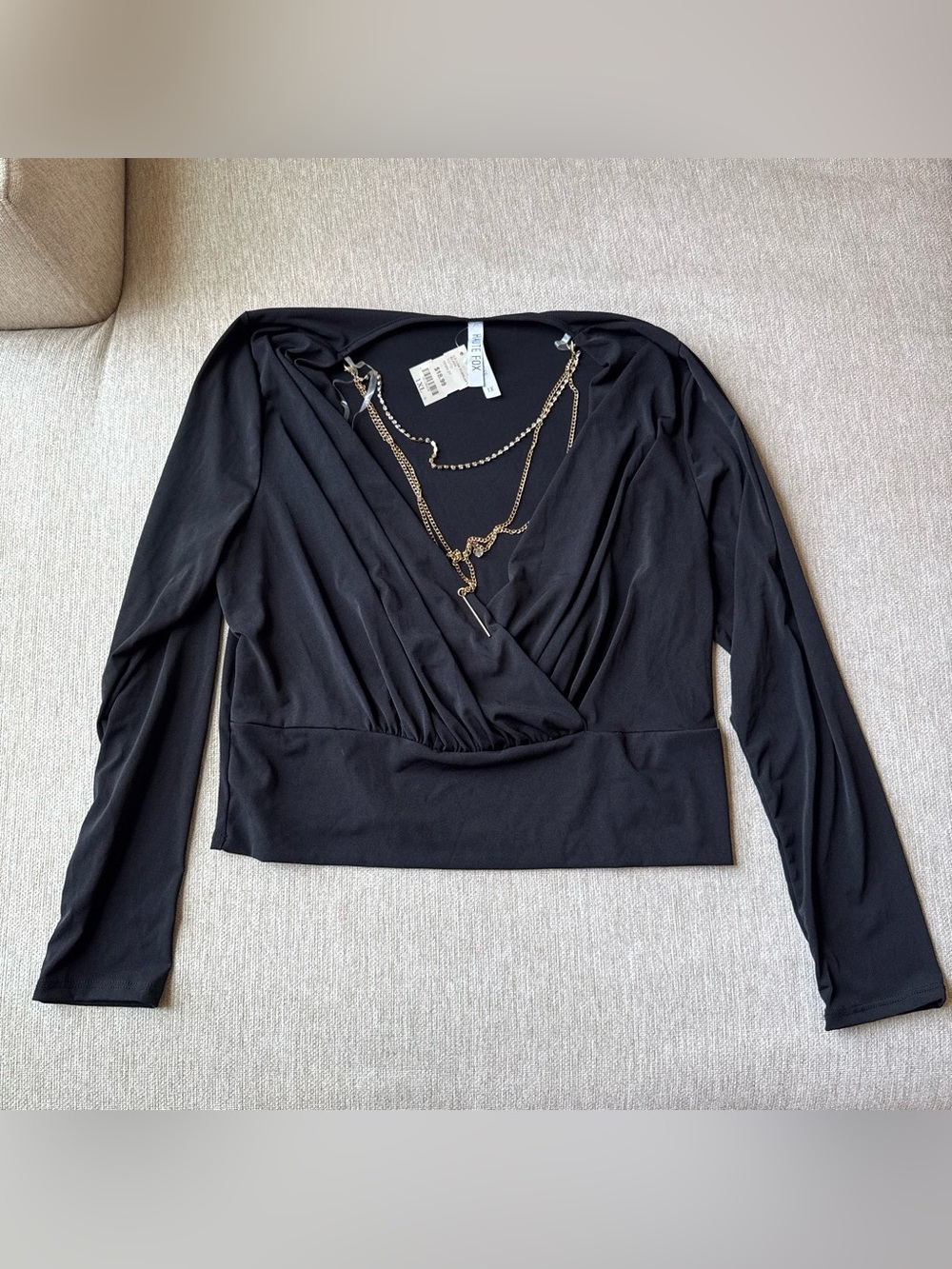 Black Long-Sleeve crop Top with Draped Neckline